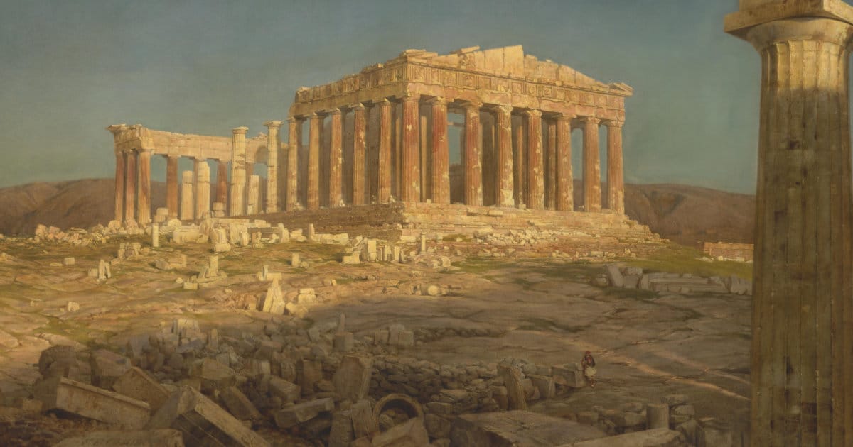 Frederic Edwin Church - The Parthenon Il marmo muta, decorandosi di nuove membra scolpite ogni sessanta o settant'anni, e infine sarà anch'esso sgretolato e dimenticato: ma vi è Fuoco sempre uguale a sé stesso, che ardeva prima del Tempo e arderà quando il tempo stesso sarà cessato.