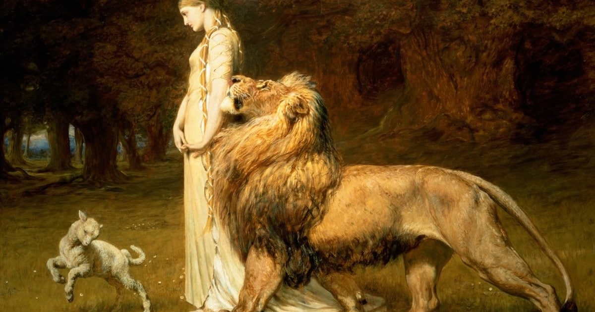 Un leone ed una giovane donna marciano guidati da un docile agnello.