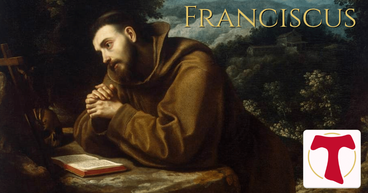 San francesco in preghiera con l'icona e il nome della app Franciscus in sovraimpressione